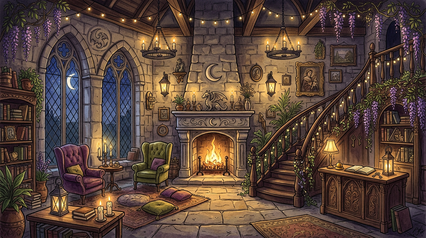 A cozy storybook illustration of the Great Hall at night: moonlit stone walls, tall arched windows glowing warm gold, trailing wisteria, candlelight, a carved wood reception desk with a little brass bell, and a crackling stone fireplace beneath a crescent moon and a carved dragon.